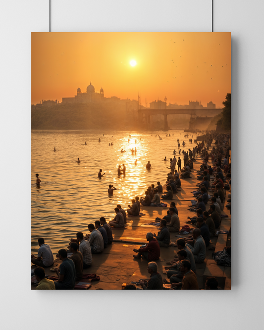 Varanasi's Golden Riverbank - Hindu Wall Frame